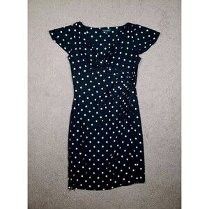 Lauren Ralph Lauren Faux Wrap Dress Black/White Polka Dots Ruched Stretch Siz 14